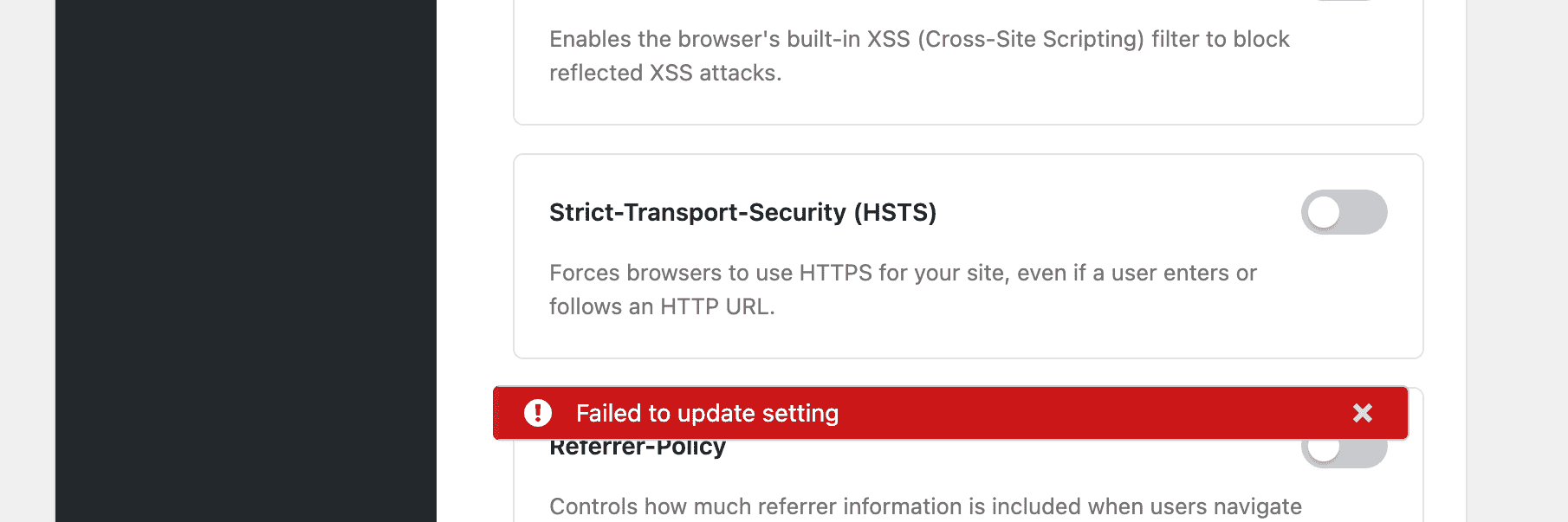 An error message with the Iron Security plugin.