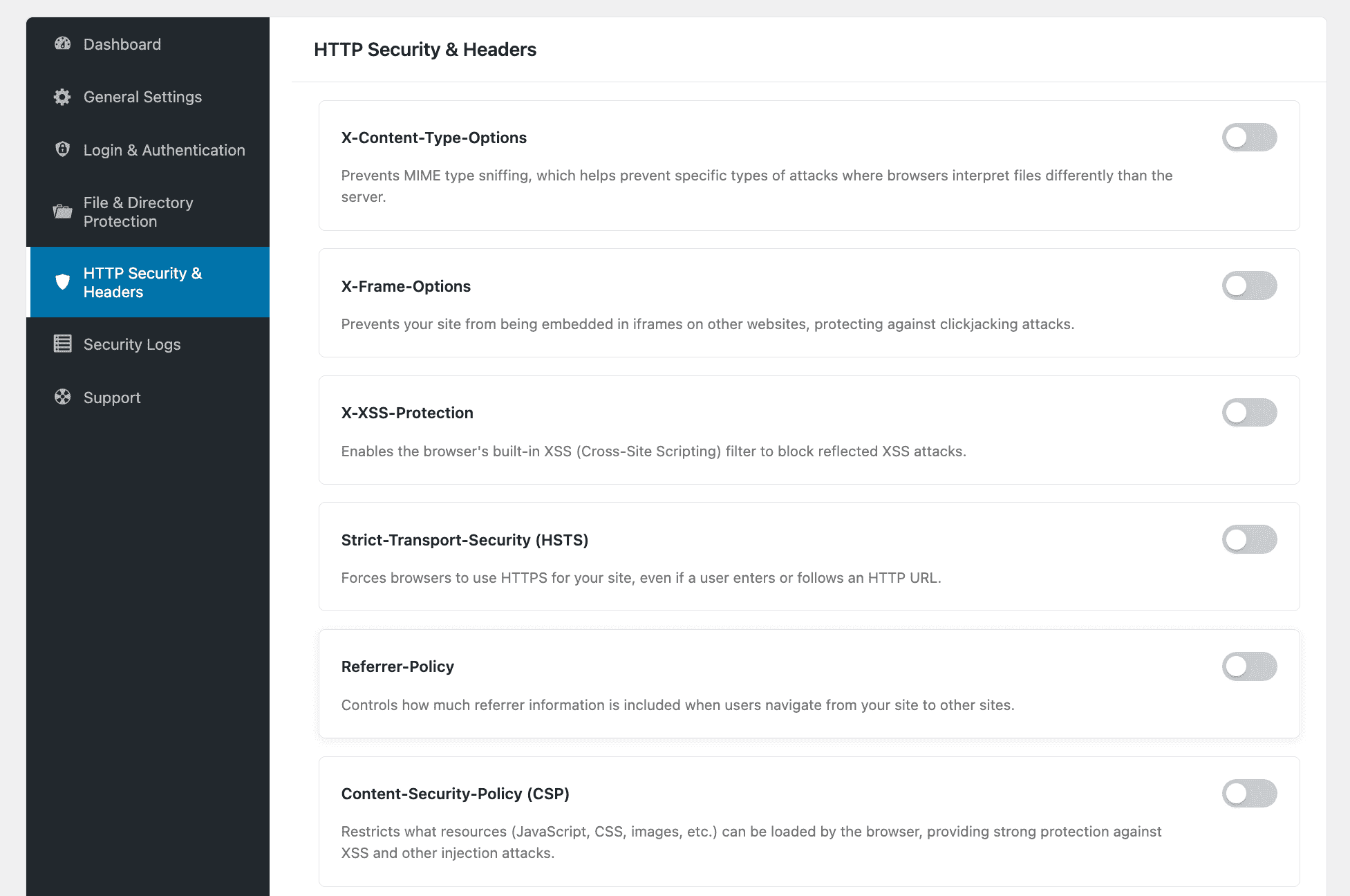 The HTTP Security and Headers settings in Iron Security.