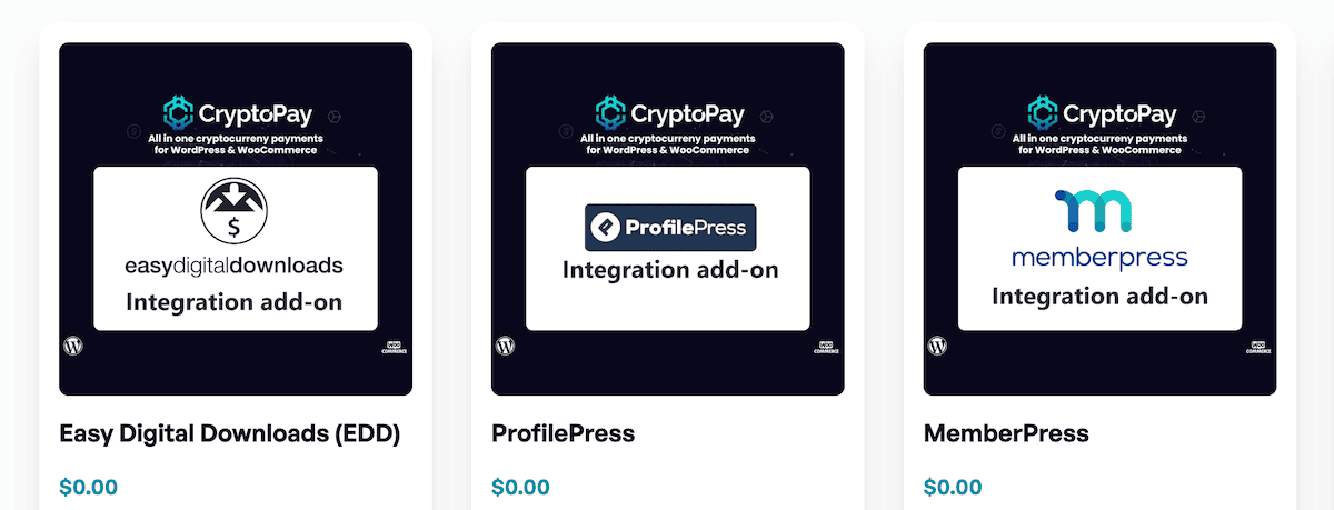 Three of CryptoPay's extra integrations.