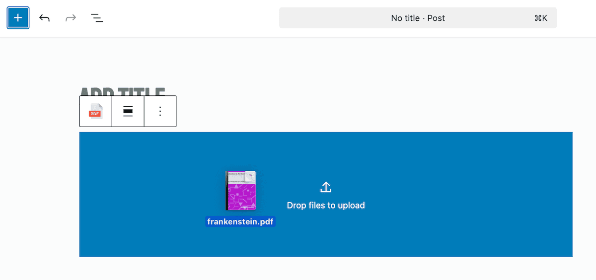 Dragging and dropping a PDF onto the EmbedPress interface.