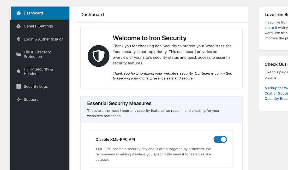 The main Iron Security dashboard.