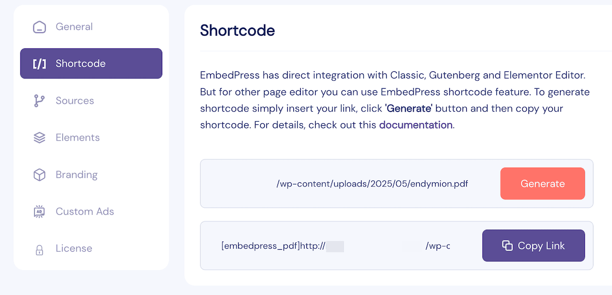 The EmbedPress Shortcode tab.