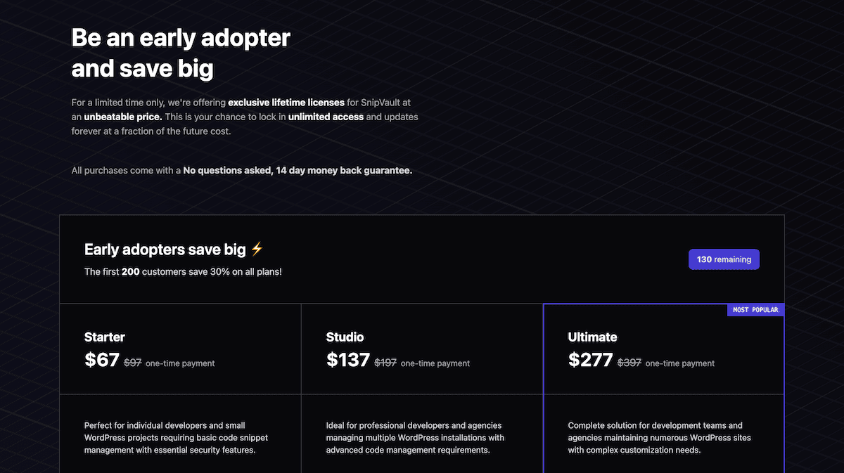 The SnipVault pricing page.