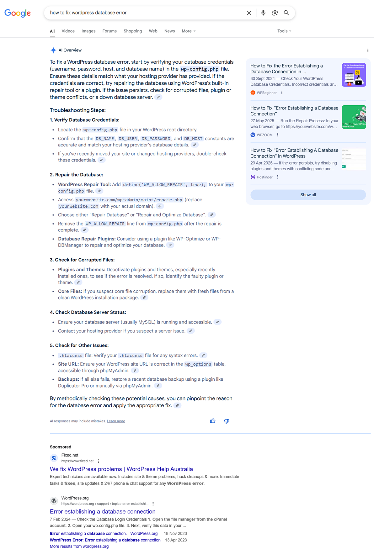 Google search results with AI overview providing users with troubleshooting steps on how to fix WordPress database error.