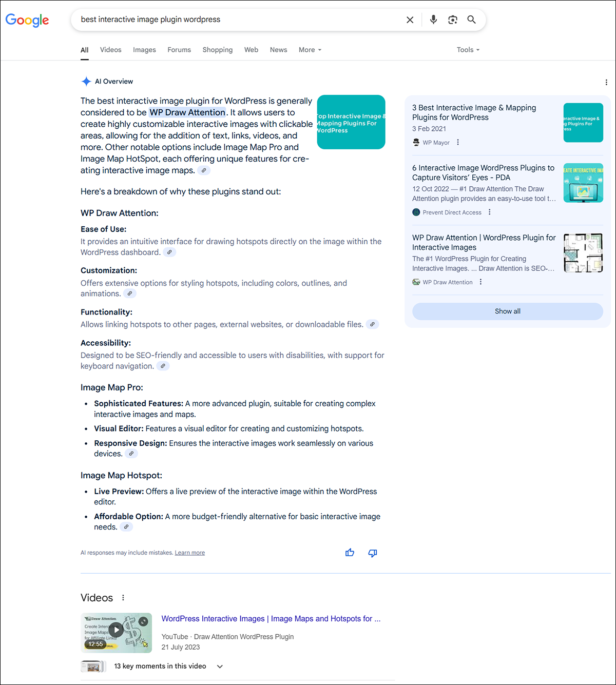 Google search results providing users with information on best interactive image plugins for WordPress.