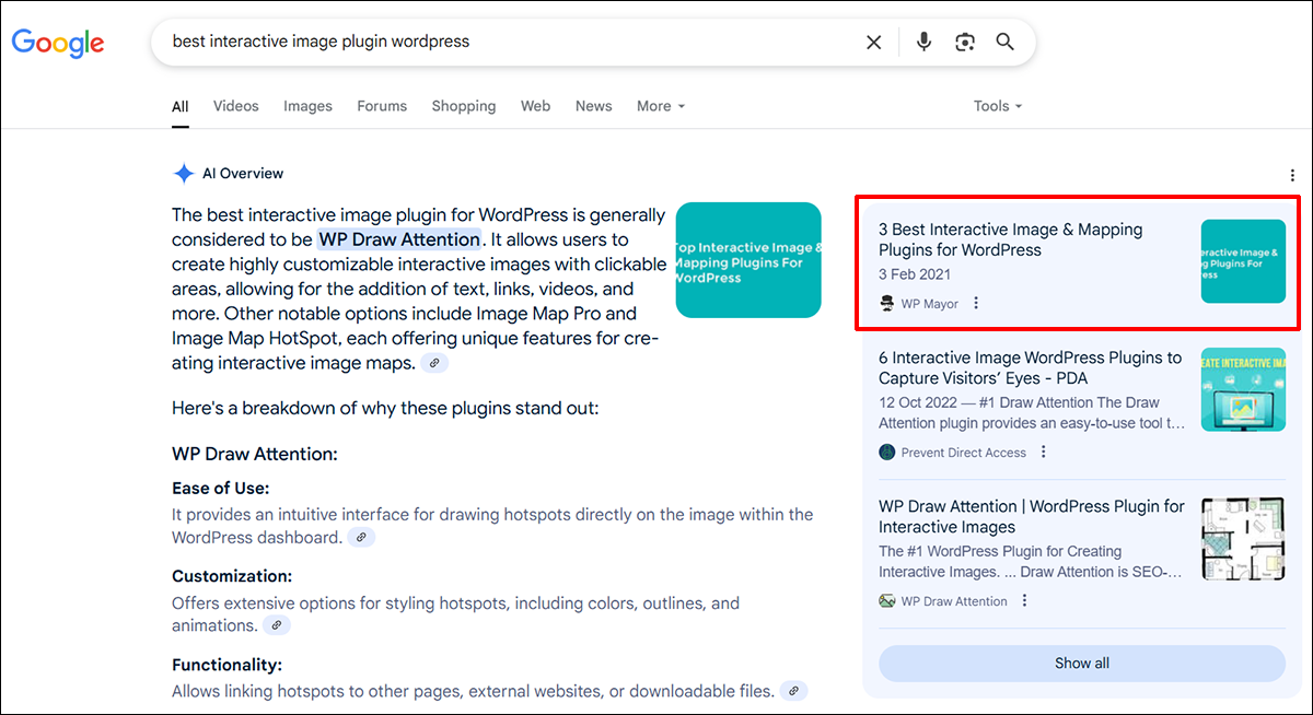 Google search results page for the search term "best interactive image plugin wordpress" showing an AI overview summary sourced from an article published on WP Mayor's blog.
