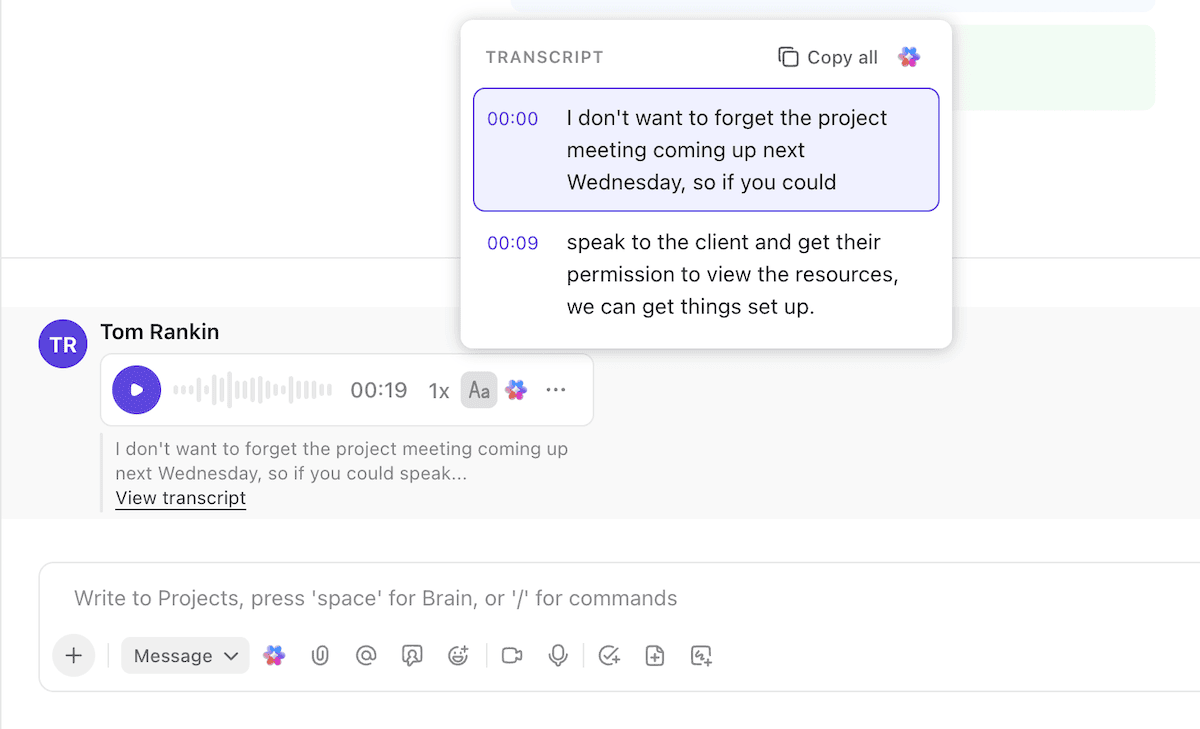 Transcribing a voice note using ClickUp's AI.