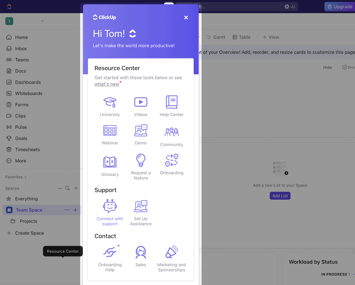 The ClickUp Support modal dialog.