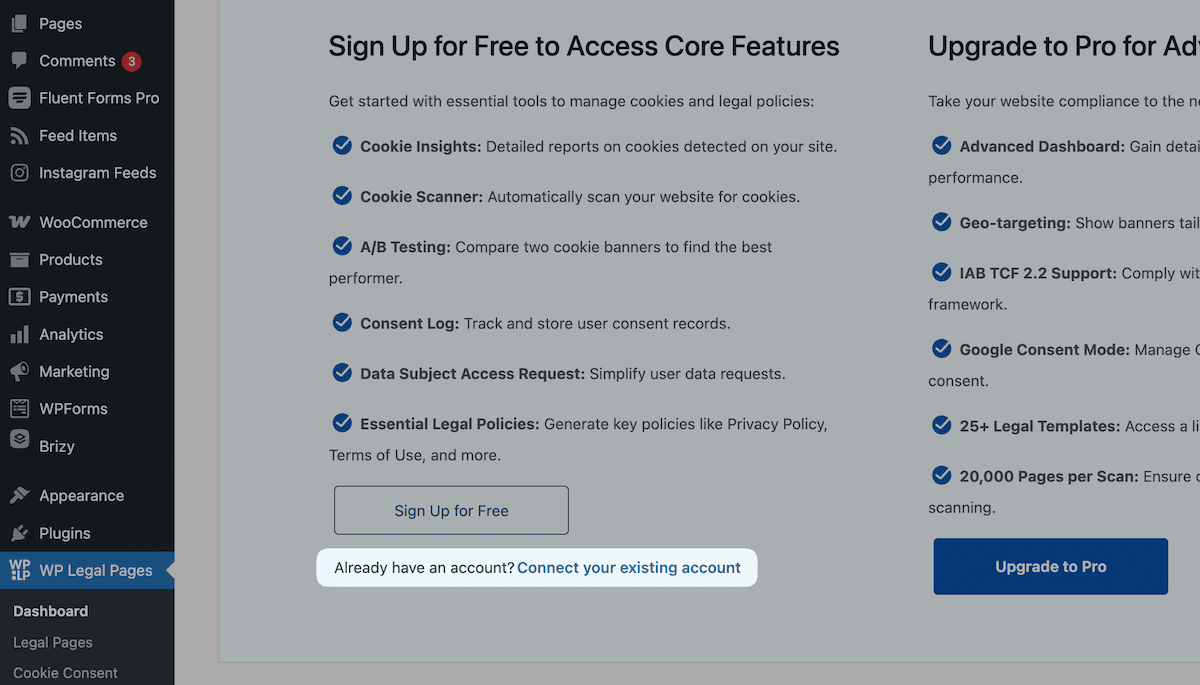 Connecting an existing account to the free WPLP Compliance Platform plugin.