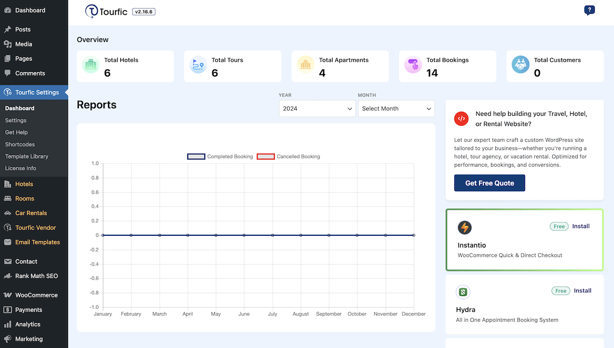 The Tourfic dashboard within WordPress.