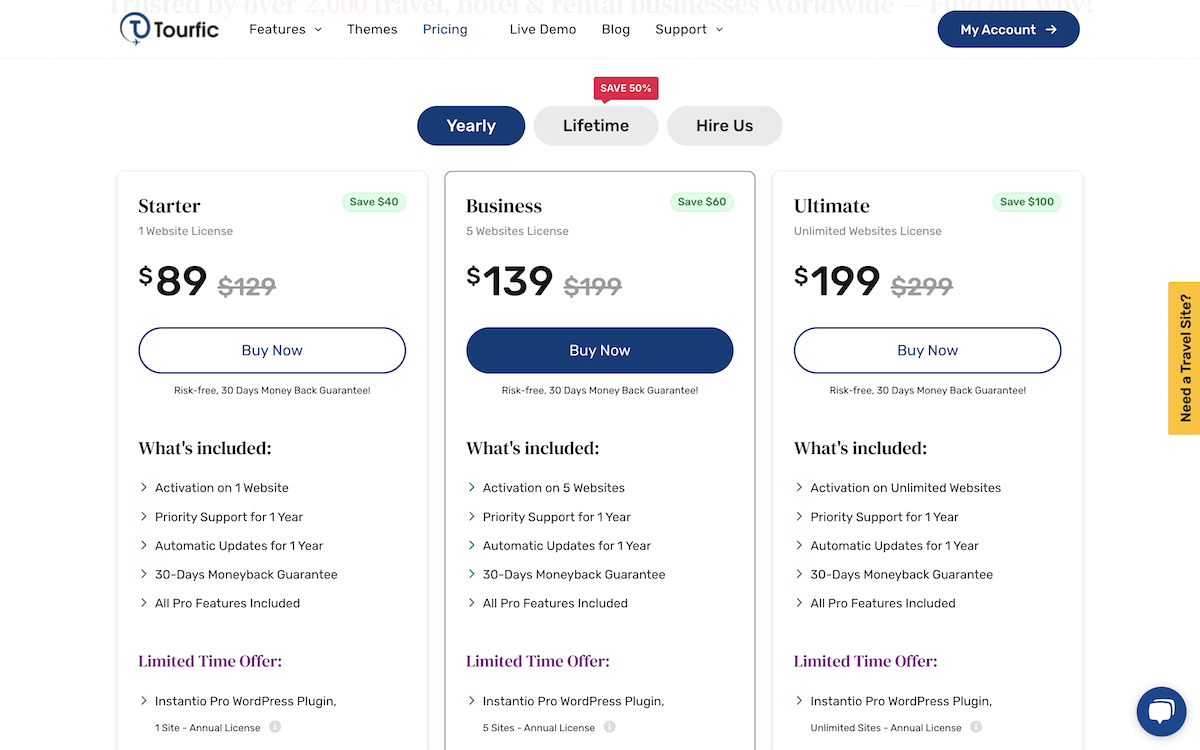 The Tourfic pricing page.