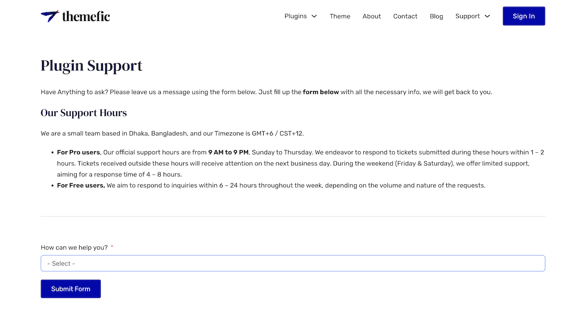 The Tourfic support page.