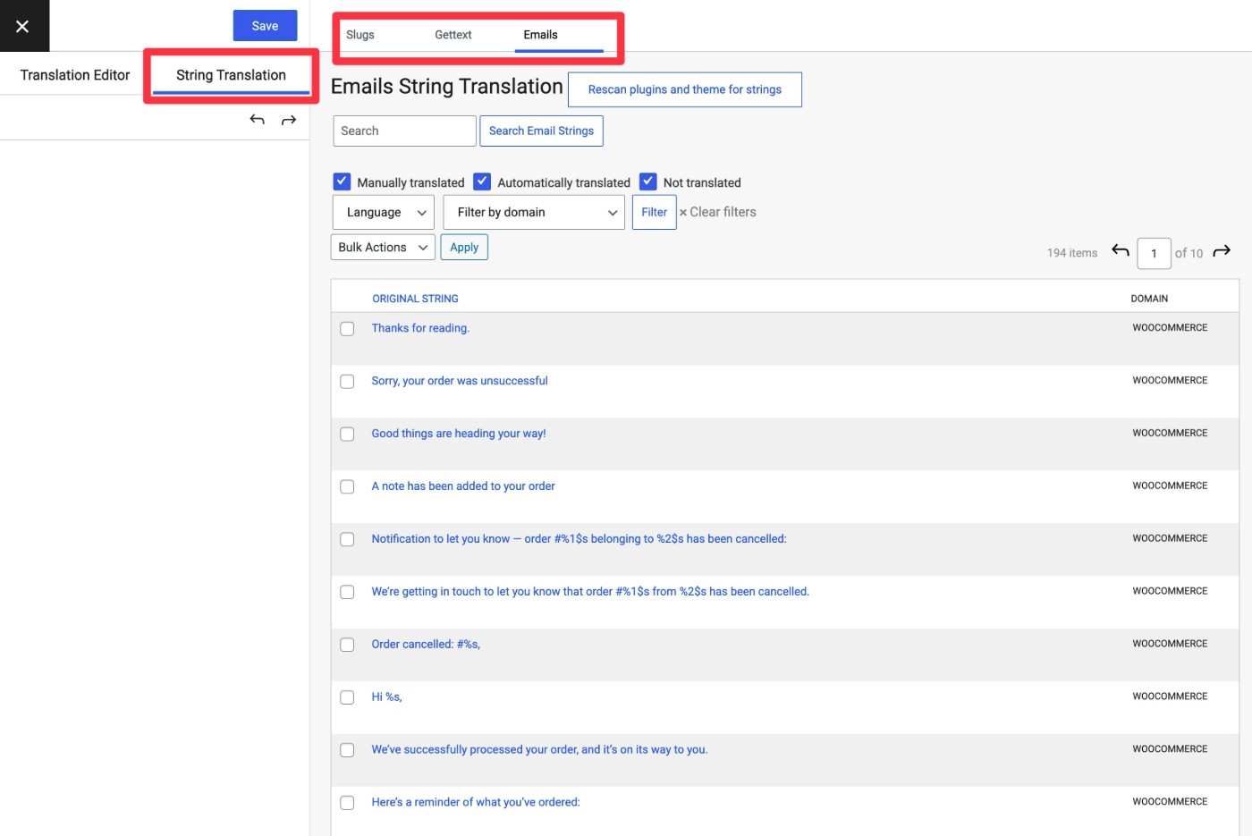 TranslatePress string translation interface