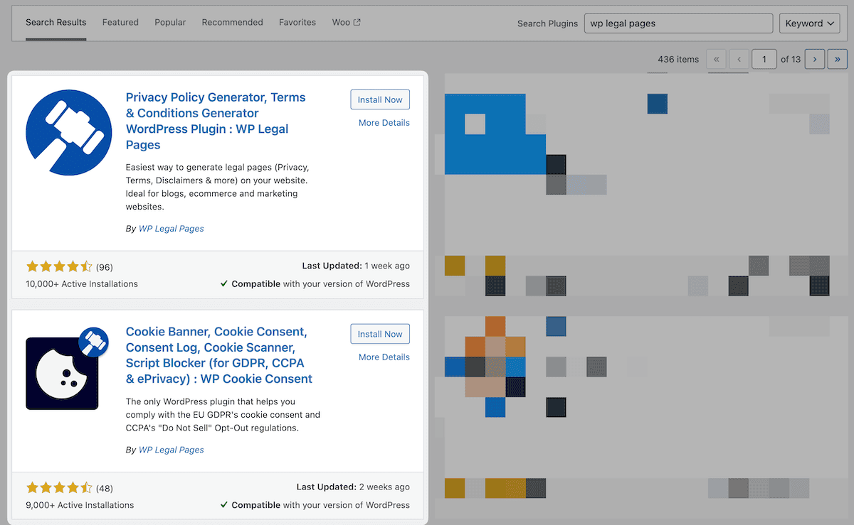 The WordPress Plugin Directory within a WordPress dashboard showing WP Legal Pages' plugins.