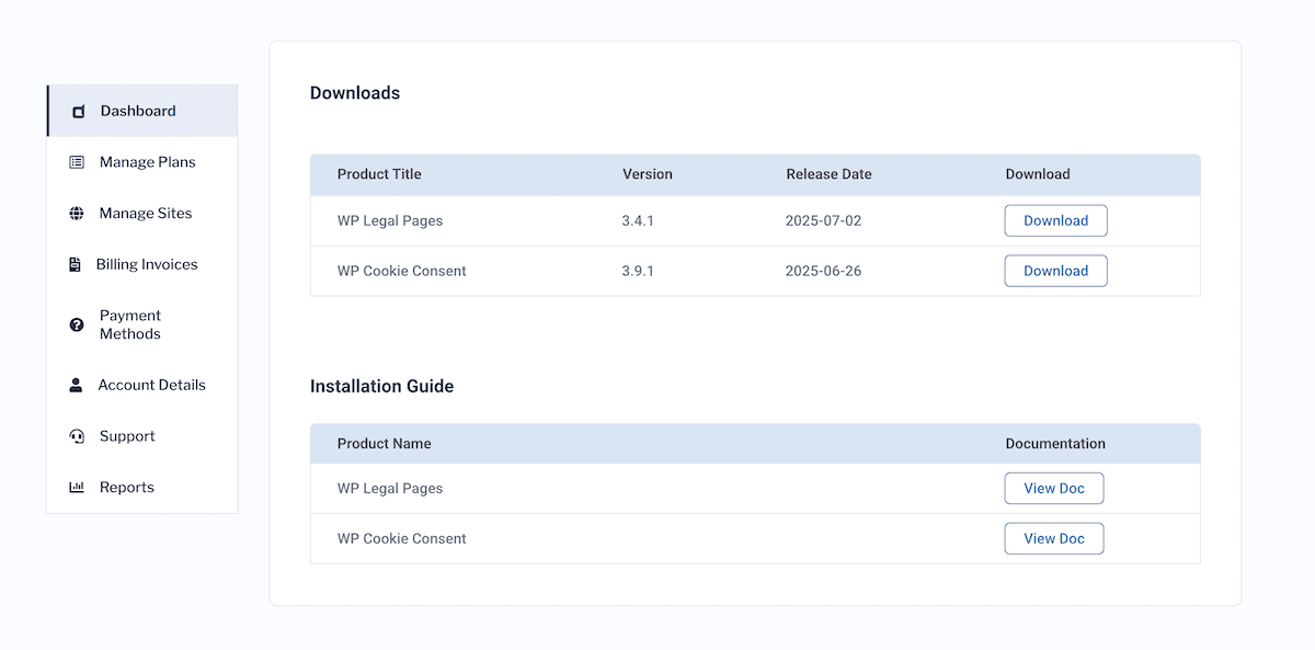 The Downloads section within the WP Legal Pages dashboard.