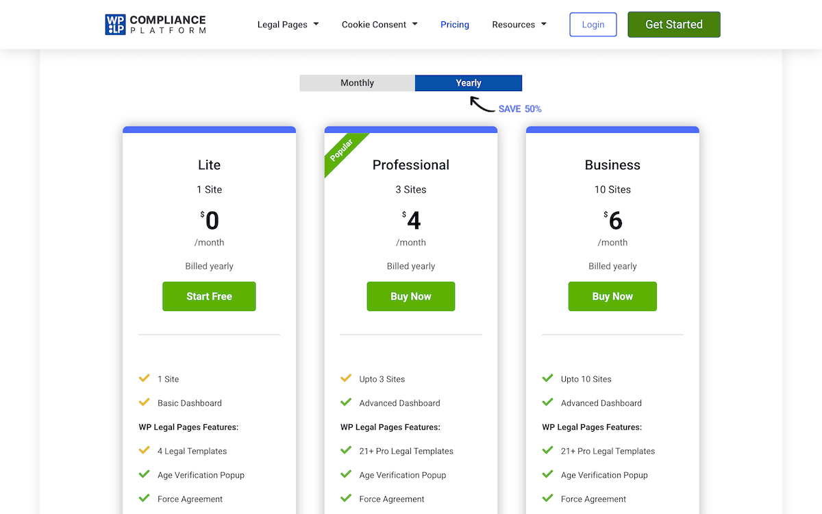 The WPLP Compliance Platform pricing page.
