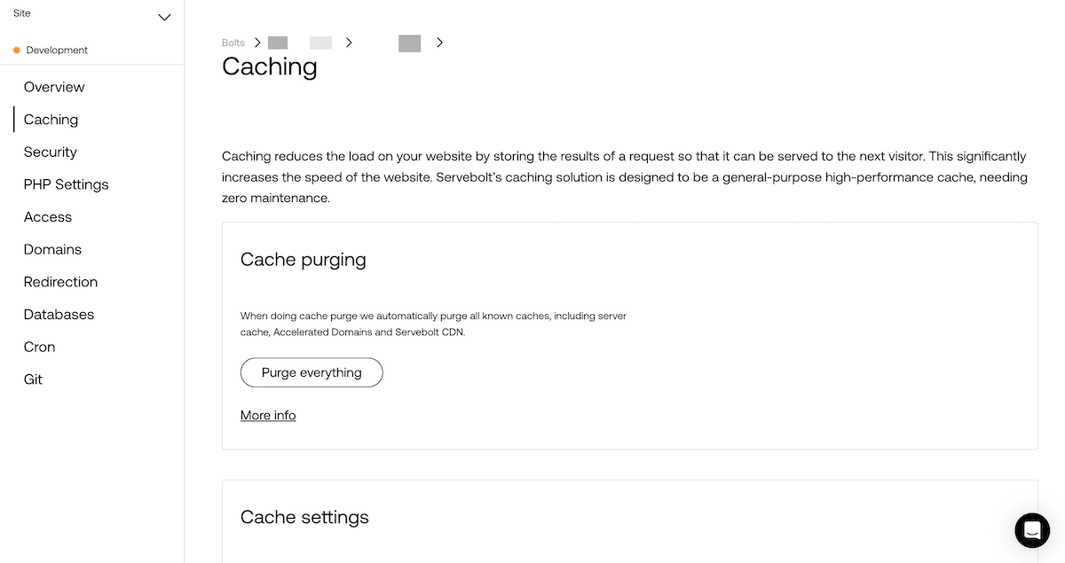 The Servebolt dashboard sidebar showing caching options on the main page.