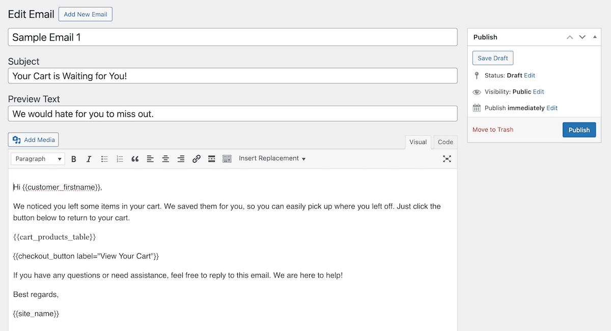 An abandoned cart recovery email template in CheckoutWC settings.