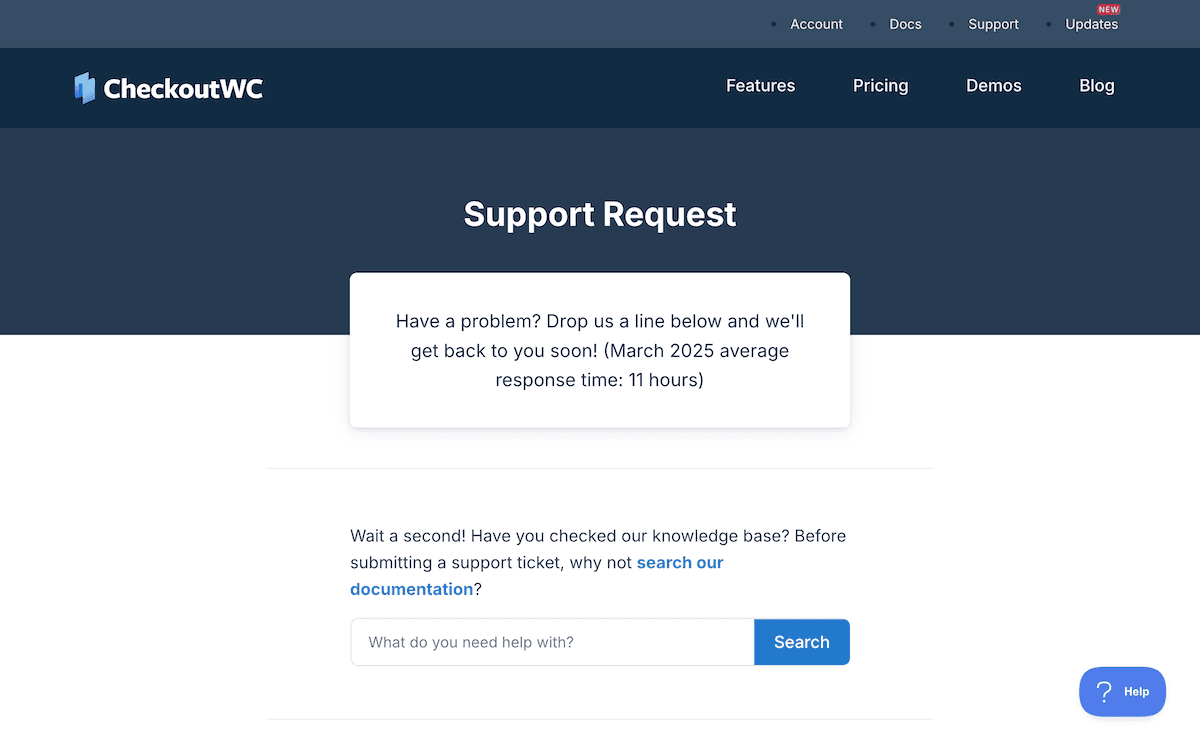 The CheckoutWC support page showing contact form and response time notification.