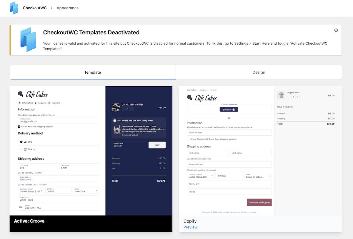 The CheckoutWC template selection screen showing different template options.