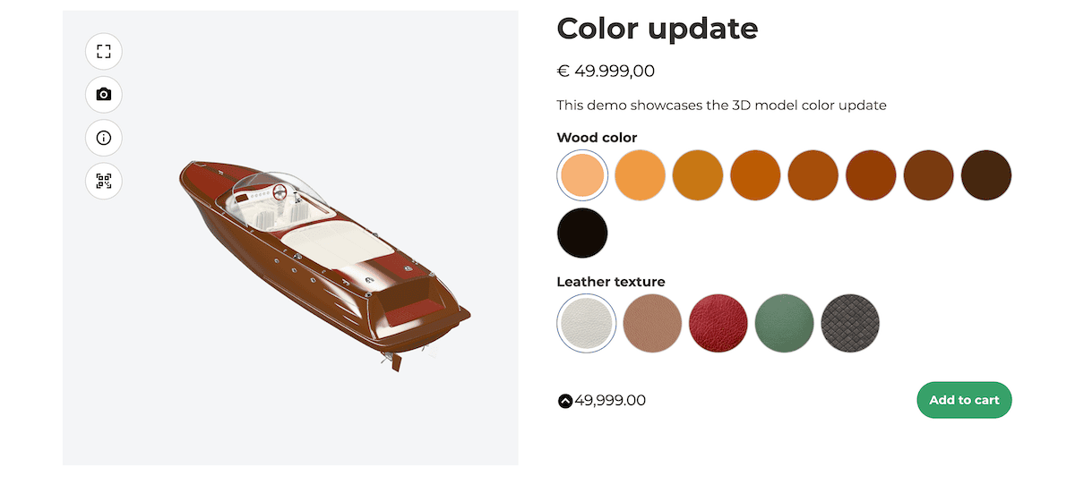A site front-end showing the ability to select color swatches for a WCB Configurator Builder 3D model.