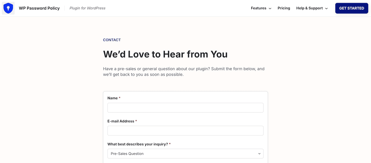 The WP Password Policy contact form for support requests.
