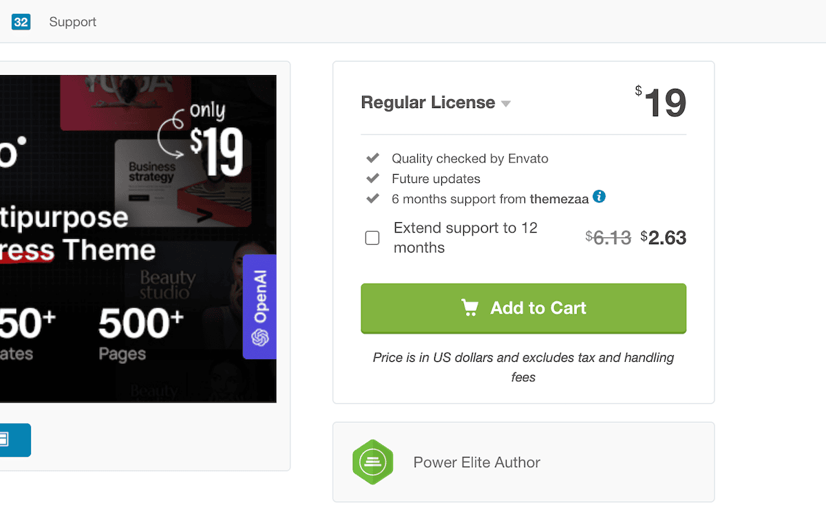The Crafto pricing card on the ThemeForest website.