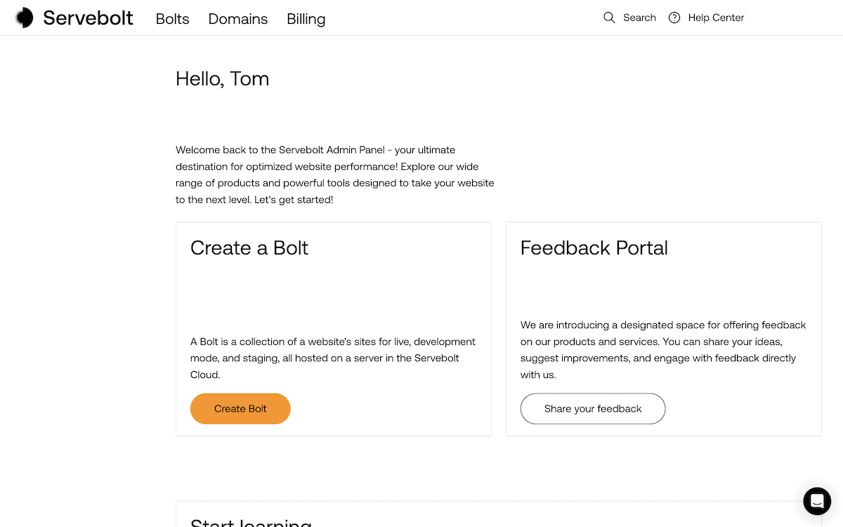 Creating a Bolt within Servebolt's dashboard.