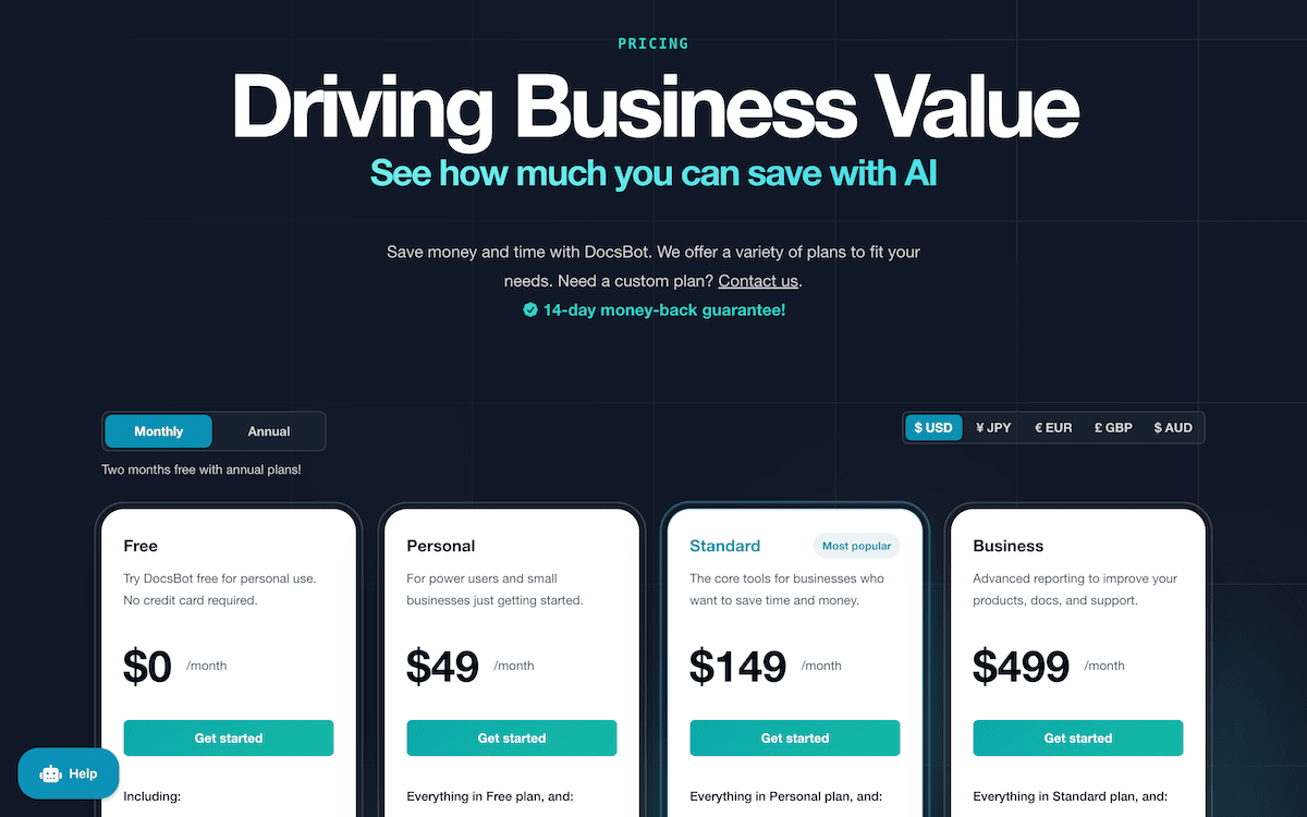 The DocsBot pricing page showing four plan tiers from Free to Business.