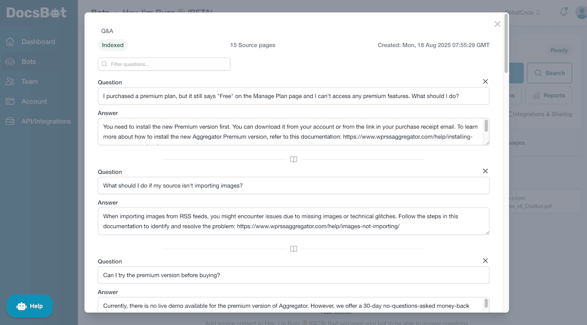 Writing Q&A entries within DocsBot.
