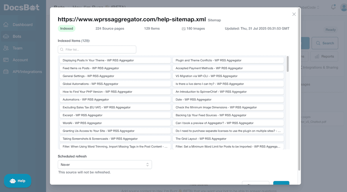 Importing a sitemap to DocsBot's training interface.
