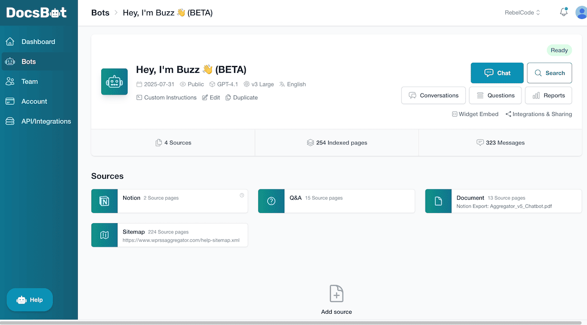Importing multiple sources into DocsBot.