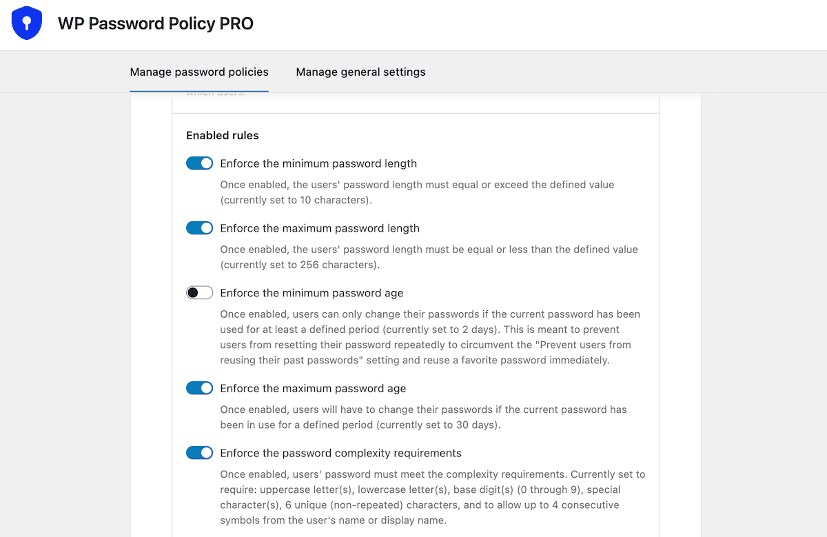 The Enabled Rules within the WP Password Policy plugin.
