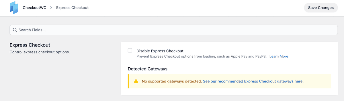 The Express Payment options showing no supported gateways.