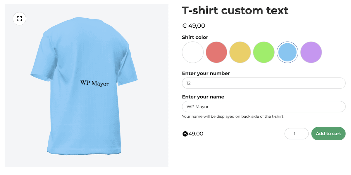 The site front-end showing a form to create product configurations.