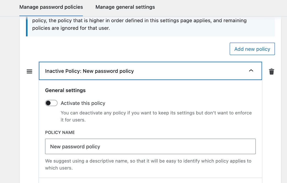 The General settings within the WP Password Policy plugin.