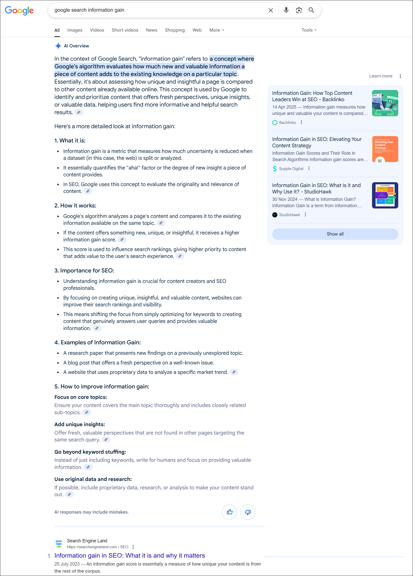 Google AI summary for search on Information Gain.