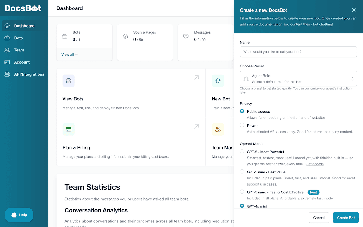 The main DocsBot dashboard.