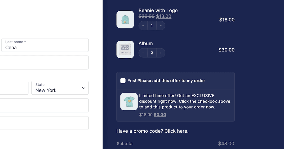 An Order bump offer displayed below cart items in CheckoutWC.