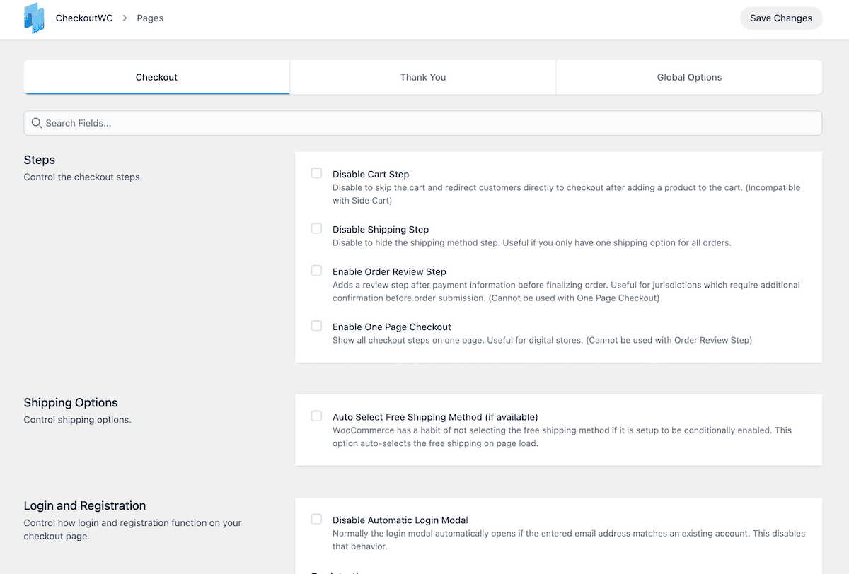 The Pages settings screen for CheckoutWC.