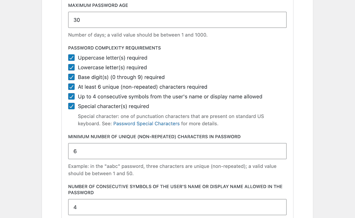 Password complexity configuration options in WP Password Policy.