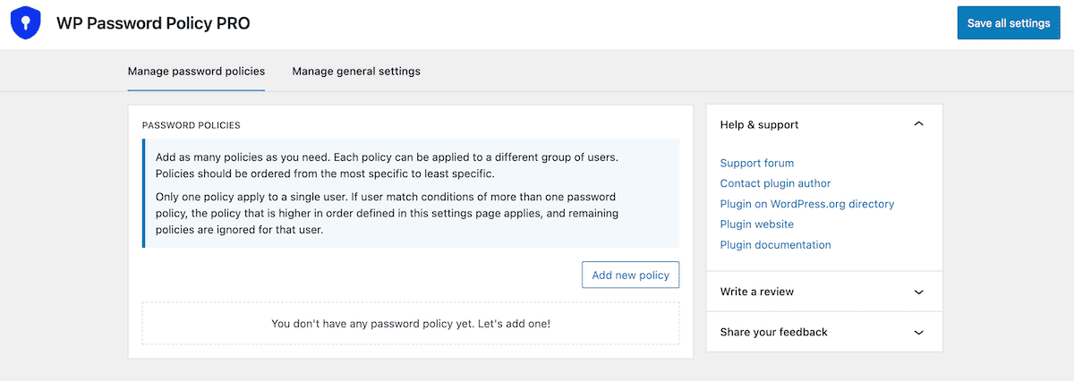 The WP Password Policy settings page after initial activation.
