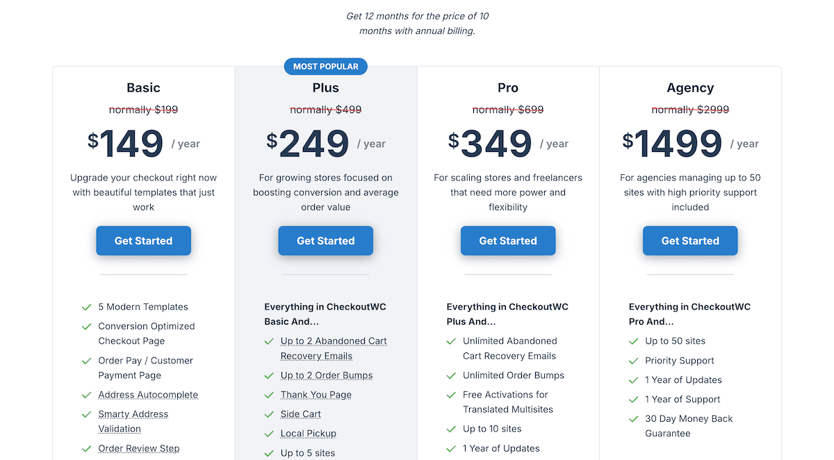 CheckoutWC pricing page showing three plan tiers.
