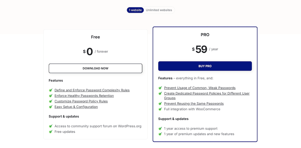 The WP Password Policy pricing page showing free and pro options.