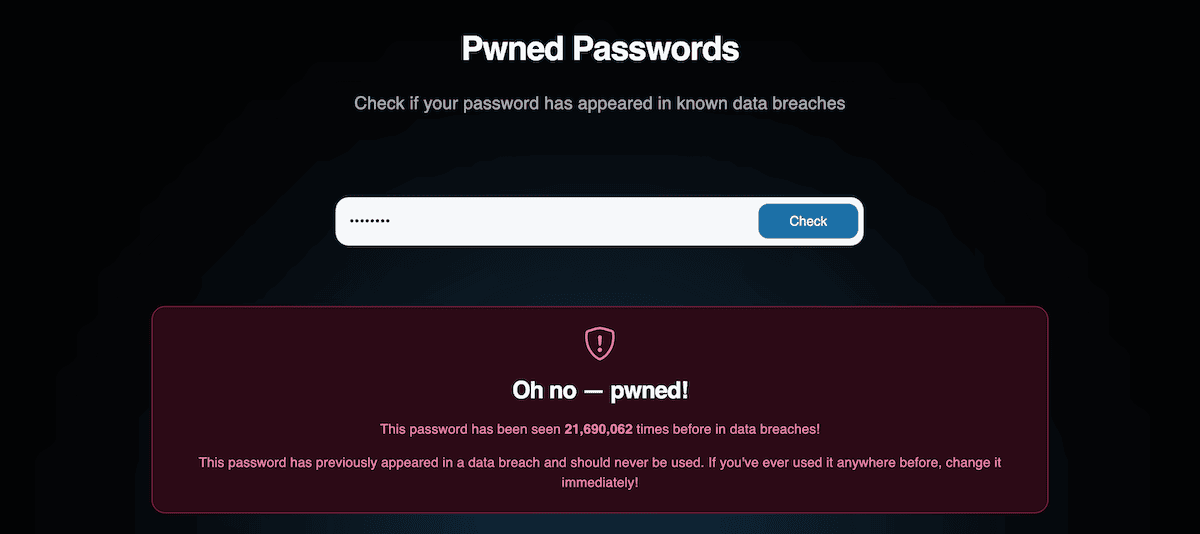 The Have I Been Pwned? website showing the number of breaches for a password.