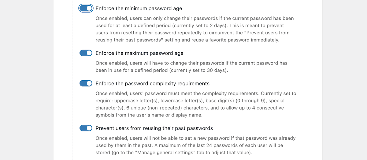 The WP Password Policy retention controls.