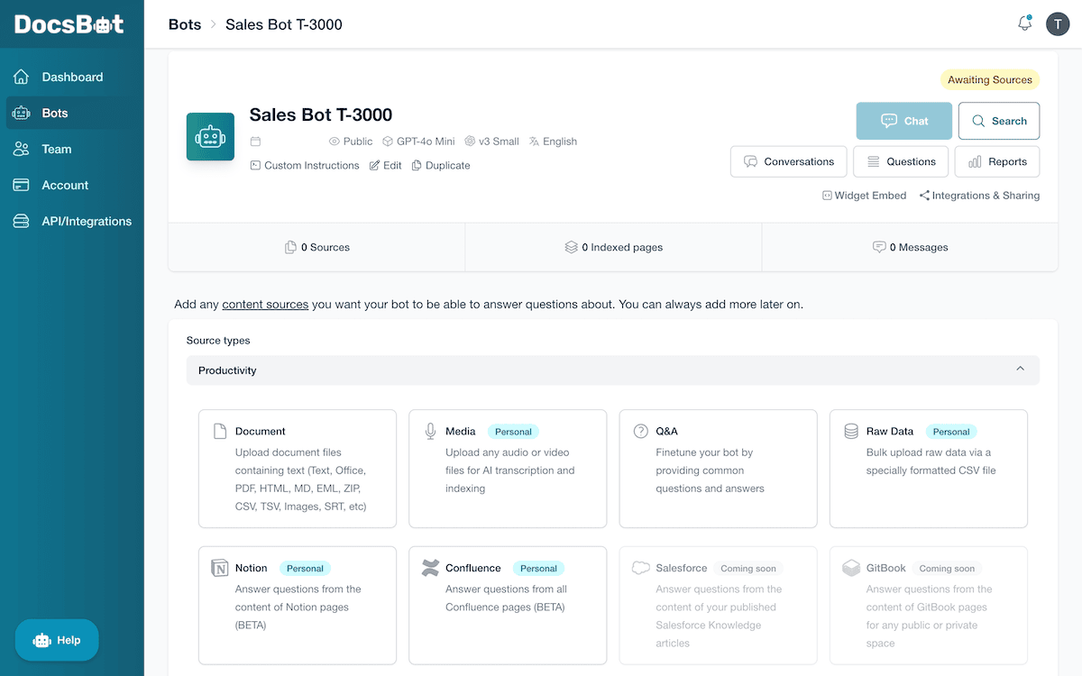 Choosing sources for a DocsBot instance.