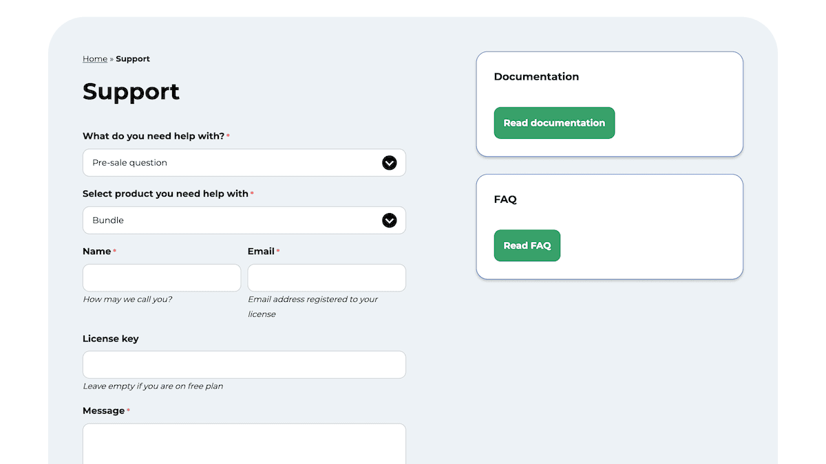 The WCB Configuration Builder Support page.