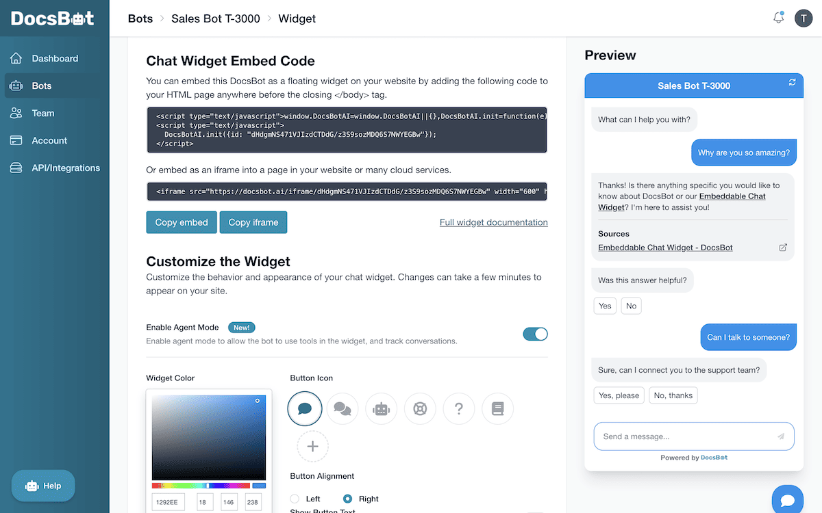 The Widget Embed section within DocsBot.