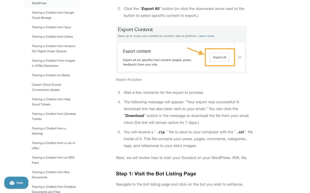 The WordPress documentation page from DocsBot AI.
